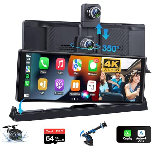 4K Schermo per Auto con 350° Rotante Dashcam Auto Anteriore, 10,26 Pollici Schermo Carplay Auto Android Auto con Stabile Car Play per Auto Staffa Bluetooth Mirror Link Siri G-oogle Scheda TF da 64G