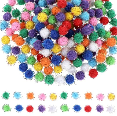 Tyqour 250 Pcs 0.6 Inch Pom Pom Balls Glitter Fuzzy Pompom Puff Balls Multicolor Bulk Pom Poms Sparkle Balls Pompoms for Crafts DIY Art Creative Crafts Decorations