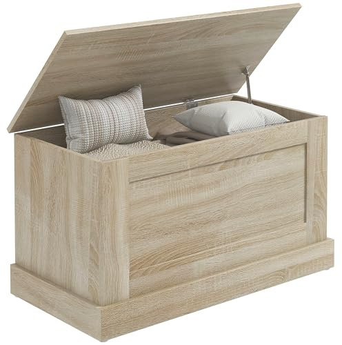 HOMCOM Baúl de almacenamiento, baúl de juguetes de madera, con bisagra de seguridad, para salón, pasillo, 80 x 40 x 45 cm, madera natural