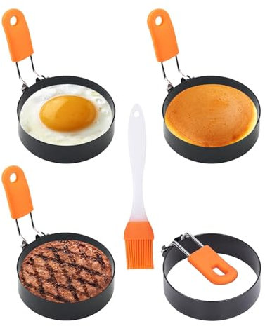 Srvauyea 4 Pezzi Stampo per Uova in Acciaio Inox, Stampo Pancake per Padella con Manico Pieghevole, Stampi ad Anello per Arrosti con Pennelli in Silicone per Cucinare Uova Fritte Muffin Frittelle