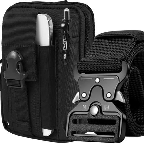 Cinturón Táctico Hombre y Bolsa Táctica Tipo Militar con Hebilla de Metal de Liberación Rápida para Fuerzas de Seguridad, Vigilancia, Airsoft, Trabajo, Caza - Nylon de Alta Resistencia (Negro)