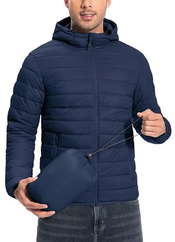 Pioneer Camp Veste matelassée légère homme – Doudoune compressible, imperméable, capuche, 6 poches, parfaite veste d’extérieur pour randonnée, voyage et plein air（Bleu Marine;S