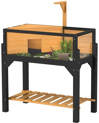 PawHut Maison de tortue en bois avec étagère et fenêtres transparentes, support de lampe, dessus ouvrable, plateau intégré, intérieur, jaune