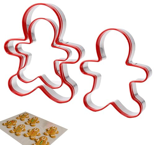 3Pcs Gingerbread Man Cutters, Ginger Bread Man Biscuit Cutter Gingerbread Man Biscut Cutters Set Stainless Steel Christmas Cookie Cutters with Red Environmental PVC Edge