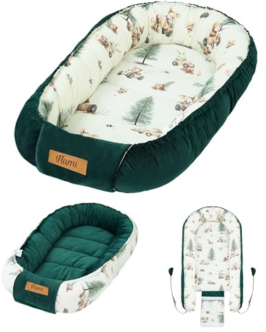 Baby Nest Pod for Newborn, Reversible Baby Lounger 0–12 Months, Cotton & Velvet Infant Nest, Baby Essentials, Personalised Baby Gift (Green + Animals)