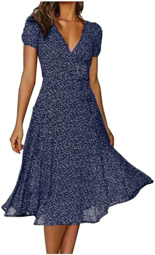 Vestido de verano para mujer, largo de gasa, largo hasta la rodilla, vestido midi de línea A, vestido floral, bohemio, vestido de playa, informal, manga corta, vestido de blusa, cuello en V, elegante