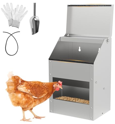 Monucep Comedero automático para pollos, 15 kg, de acero galvanizado con tapa y soporte de pared, para gallineros, incluye guantes, cuchara, protección contra arañazos