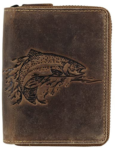 Greenburry Vintage Huntsman Trophy Leder Geldbörse Portemonnaie Geldbeutel Portmonee BV-821A-HT-Fish Fisch Forelle Trout Angler, Farbe:Braun