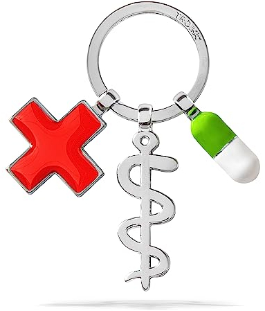 Troika Schlüsselanhänger get well, glänzend verchromt, Schlüsselring mit mit 3 Anhängern: Äskulapstab, rotes Kreuz und Pille, das Original von Troika