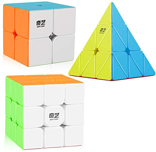 D-FantiX Speed Cube Set, QY Toys Zauberwürfel Original 3 Pack, Qidi S2 2x2 Warrior W 3x3 Qiming Pyramid Stickerless Speedcube Bundle Puzzle Toys
