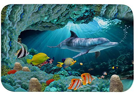 A.Monamour Badematten Badteppiche Badvorleger 3D-Unterwasserwelt Delfine Fische Korallen Meereslebewesen Blauen Hintergrund Flanell Türmatte Runner Teppiche Matte Für Badezimmer Bad Küche 40x120cm