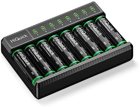 HiQuick 8 x AA Rechargeable Batteries with AA AAA Battery Charger, 8-Bay LED Battery Charger with 8 Counts AA 2800mAh Rechargeable Batteries, Rechargeable Batteries and Battery Charger Combo
