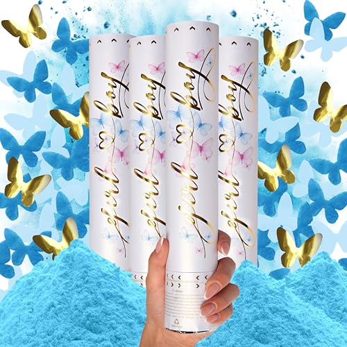 PrimePure Cannoni Spara Coriandoli per Gender Reveal - Polvere Biodegradabile e Coriandoli a Forma di Farfalla - Blu, Confezione da 4 - Bombe di Fumo Gender Reveal