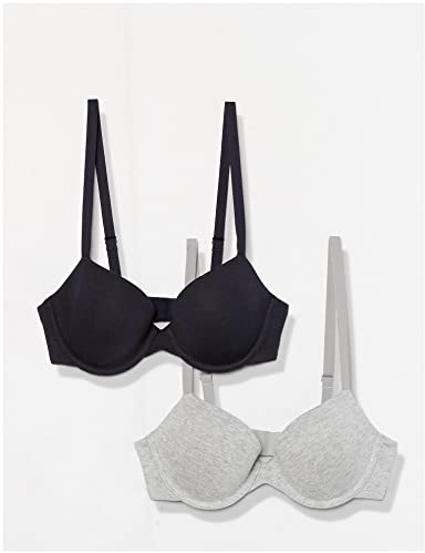 Amazon Essentials Reggiseno in Cotone Coppa Media Donna, Pacco da 2, Blu Marino/Grigio Puntinato, 3E