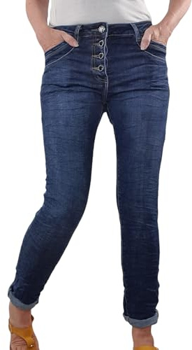 Jewelly Jean stretch - Coupe Baggy Boyfriend - Pantalon pour femme avec boutonnière décorative - Ajustement parfait, bleu foncé, XS