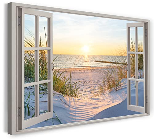 Printistico Bilder Fensterblick 100x70cm Baumwoll-Leinwand auf Keilrahmen mit Aufhänger moderner Kunstdruck XXL Wandbilder Wand-Dekoration Strand Meer Sand Sonnenuntergang Urlaub - Natur-Fotografie