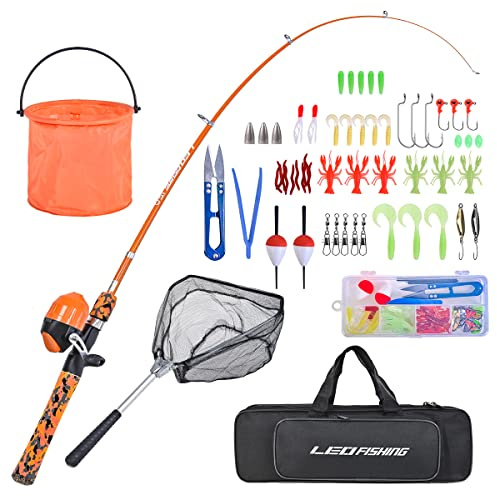 LEOFISHING Ensemble de canne à pêche pour enfants avec kit de démarrage complet canne télescopique portable et moulinet Spincast avec filet et seau