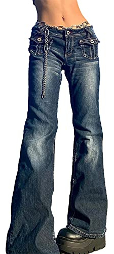 Women Y2K Low Waisted Pants Graphic Stars Patterned Wide Leg Denim Jeans Straight Casual Loose Baggy Trousers Vintage E-Girl Streetwear (Dark Blue, XS)