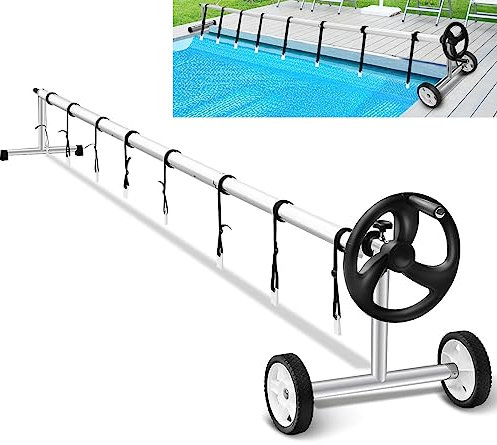 GiantexUK Pool Reel System for Pool Covers, 2.15-6.1m/1.65-7.7m Adjustable Pool Cover Roller Reel Rewinder on Wheels, Weatherproof Telescopic Solar Cover Reel (2.15-6.1m)