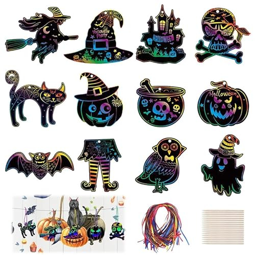 SPHERETRON 36 Stück Halloween Basteln Kinder Kratzbilder Halloween Halloween Deko Kinder Kratzbilder für Kinder Halloween Basteln für Kinder Mädchen Jungen