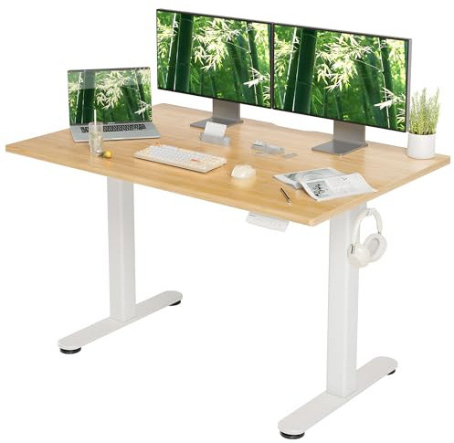INNOVAR Höhenverstellbarer Schreibtisch 120x60 mit Einteilige Tischplatte aus Bambus, Elektrischer Stehschreibtisch, Computertisch Sitz/steh mit Memory Funktion und Kollisionschutz, Bambus Beige