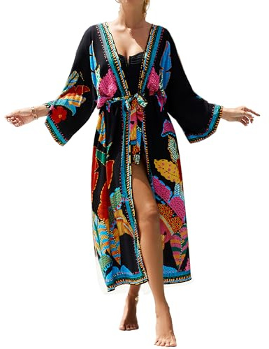 Bsubseach Kimono Cardigans para Mujer Traje de baño Cubierta Casual Verano Plumífero Frente Abierto Cubierta de Playa Estampado de Hoja