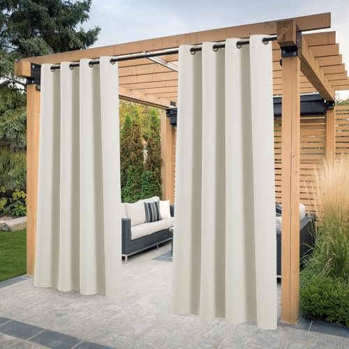 PONY DANCE Terrasse Vorhänge Outdoor Gardinen Wetterfest 2er Set H 243 x B 132 cm Outdoorvorhang Wasserdicht Sichtschutz & Sonnenschutz Balkon Vorhang Blickdicht Ösenschal, Hellbeige