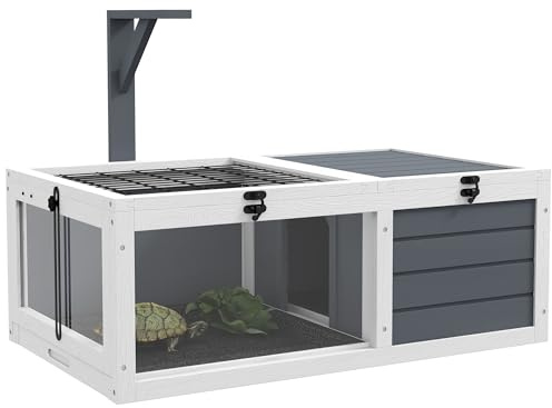 PawHut Maison enclos Cage pour Petit Animal Tortue avec 2 espaces, Support de Lampe 2 Plateaux coulissants, 81 x 48 x 31,5 cm - Bois Massif Gris