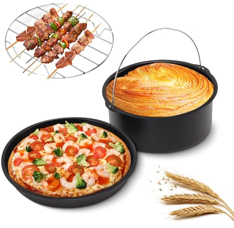 Tissting 3 Pcs Accessori Friggitrice ad Aria, 18cm Antiaderente Barile per Torta Friggitrice ad Aria Teglia per Pizza Acciaio Inossidabile Griglia per Friggitrice ad Aria Strumenti da per Cucina
