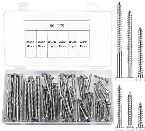 80 Piezas M6 Tornillos de Cabeza Hexagonal, Tornillos Hexagonales para Madera, Tornillos para Madera, Tornillos Autorroscantes de Acero Inoxidable para Fijación Madera Mampostería(80 Pcs)