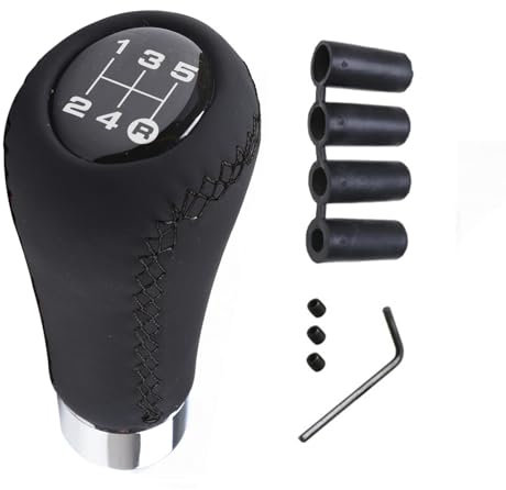 Juttzzei Universal 5 Speed Gear Knob, Car Gear Shift Knob, Manual Gear Stick Knob, Leather Gear Stick Shifter Cover with 4 Adapters 8mm 10mm 11mm 12mm for Manual Automotive Vehicles - Black Stitching
