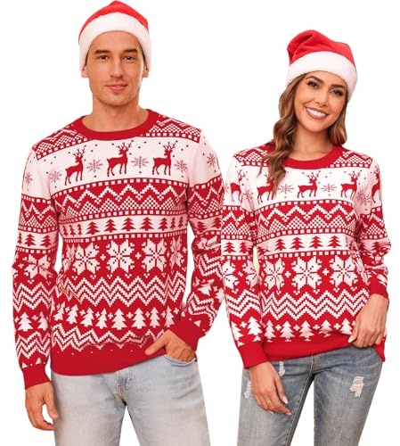 Aottori Jersey Navidad Mujer Hombre Suéter Navideño Punto Cuello Redondo Pareja Familia Unisex Pullover Manga Larga Invierno Reno Copo Nieve Cálido