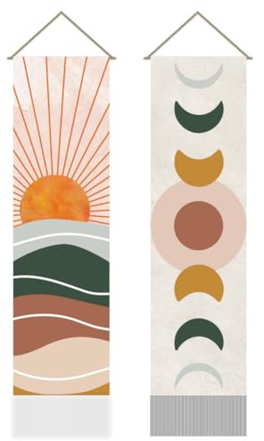 AHANDMAKER Arazzo da parete in stile bohémien, con sole e luna, con fasi lunari, lungo arazzo verticale da appendere alla parete, stile vintage, astratto, con nappe, per camera da letto e soggiorno