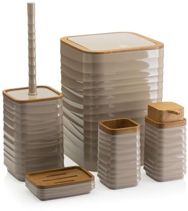HowHomely Badezimmer Set mit Klobürste Seifenspender Zahnputzbecher Seifenablage und Mülleimer | Beige Badezimmer Zubehör Set | Modern Badaccessoires Set (Wave)