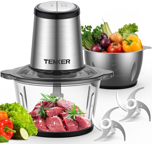TENKER Food Processor, Electric Food Chopper with 2 Bowls (2L+2L), 2 Sets Blades, 500W Meat Grinder & Veggie Chopper, 2 Speed for Baby food &Family Use, Black