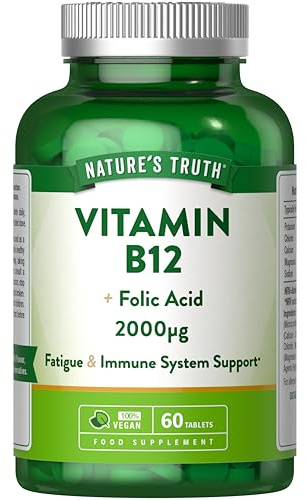 Vitamin B12 Tablets High Strength | 2000mcg | with Folic Acid | 60 Vegan Tablets | Cyanocobalamin | Nature's Truth