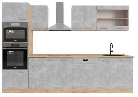 Vicco Küchenzeile R-Line, Beton/Goldkraft Eiche, 300 cm mit Hochschrank, ohne Arbeitsplatte
