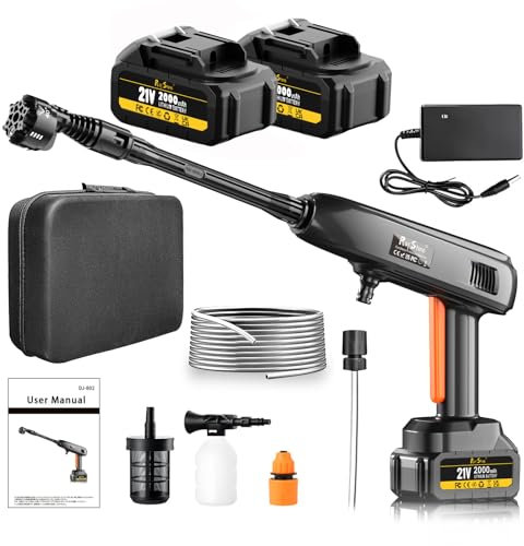 Akku Hochdruckreiniger, Hydro Blast 21V 1200PSI 336l/h Druckreiniger mit 2×4.0Ah Akkus 6-In-1 Multifunktionale Drehbare Düse, Schaumsprüher, 5M Schlauch, für Autos,Terrasse,Fenste,Garten