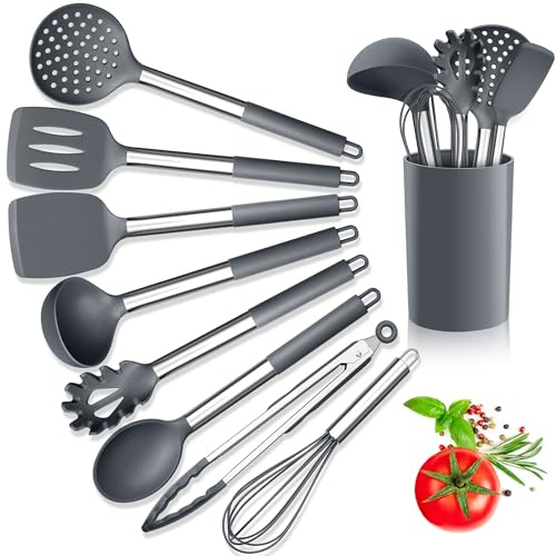 Herogo Grey Kitchen Utensil Set, 9 Pcs Silicone Cooking Utensil with Holder