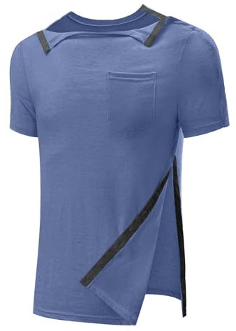 Men's Post Shoulder Surgery T-Shirt After Surgery Shirt Shoulder Surgery Recovery Tearable Functional Shirt Short Sleeve Full Open Side Press Stud Functional Shirt, blue, XXL