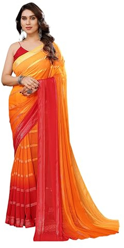 SAREE for WOMEN ETHNICMODE Indian Soft Satin Light Weight Party Wear Yellow Sari With Unstitched Red Blouse Piece-1101