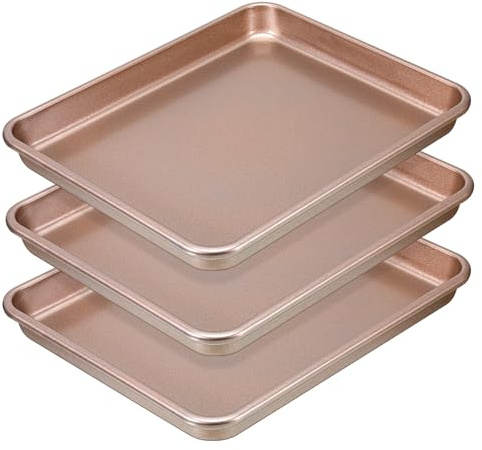 JJUNW 3 Pack 11x9 Inch Toaster Oven Pans and Trays, Nonstick Cookie Sheet small baking sheet Bread Pan, 0.8mm Thick, Easy to Clean, 1.26 Inch Deep, Gold Bakeware