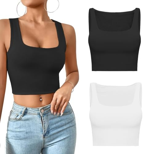 Women's Square Neck Crop Top White & Black Vest Tops for Women Girls Lady Sexy Double Lined Sleeveless Tank Top Lightweight Comfortable for Running Yoga Going Out Daily Outfit 2-Pieces M Size