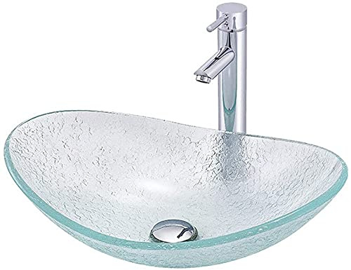 Lavabo de baño Ovalado de Vidrio Templado Transparente, sobre encimera, con Grifo y desagüe automático, A