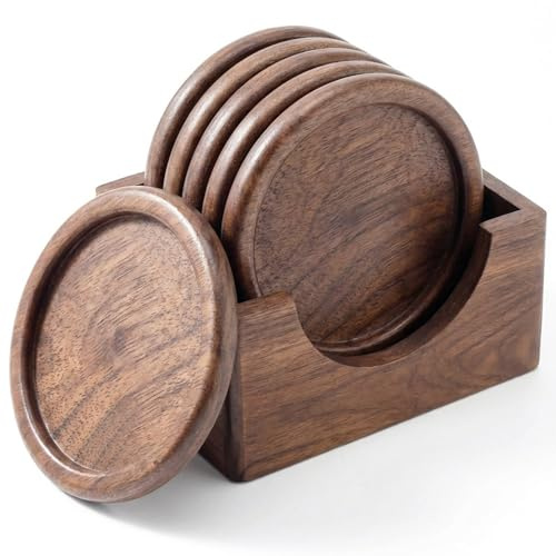 OFFASST Posavasos de Madera de Nogal, Set de 6 | Coasters Redondos para Vasos de Whisky, Copa y Tazas | Incluye Soporte de Almacenamiento | Decoración de Mesa o Regalo para Bar | ø 10 cm
