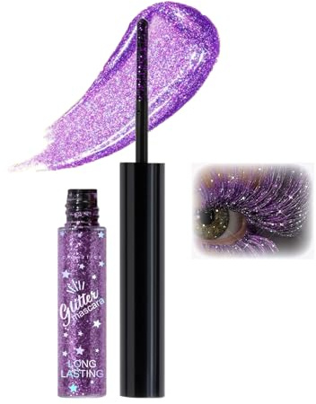 Mascara glitter per ciglia, mascara glitter per ciglia, luccicante viso viola, estensione volume, impermeabile, scintillante, mascara per feste, matrimoni, festival musicali