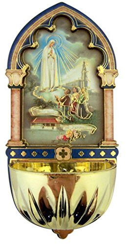 Religious Gifts Our Lady of Fatima Gold Embossed Laser Cut Wood Multi-Dimensional Holy Water Font, 5 Inch