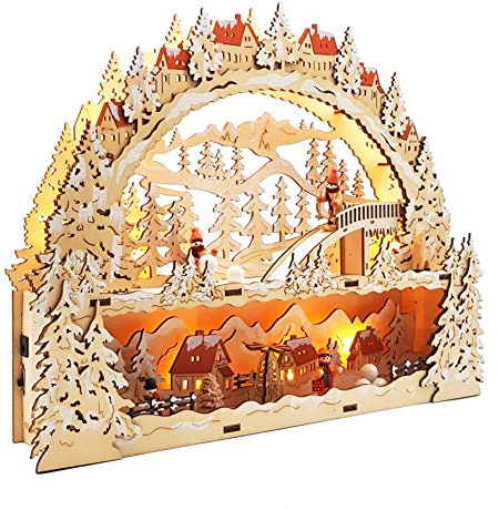 Wichtelstube-Kollektion Holzkunst LED Schwibbogen mit Podest Skifahrer Schwippbogen Lichterbogen Weihnachtsdeko Fenster Echtholz, Batteriebetrieben mit Timer, 43cm Breite