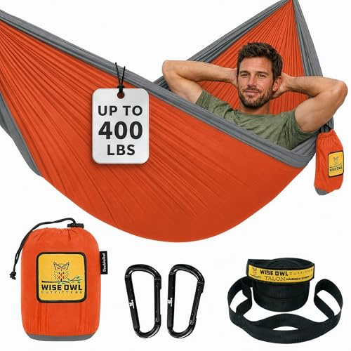 Wise Owl Outfitters Hammock for Camping Single Hammocks Gear for The Outdoors Backpacking Survival or Travel - Portable Lightweight Parachute Nylon SO Orange & Grey