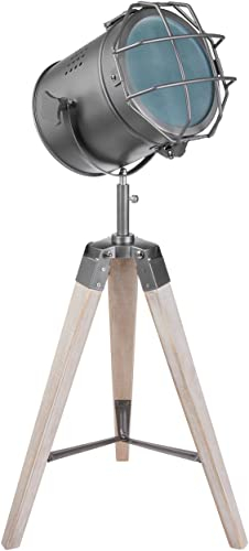BRUBAKER - Lampadaire/Lampe sur pied - Design industriel - Hauteur 65 cm - Trépied en Bois - Spot en Métal/Gris mat